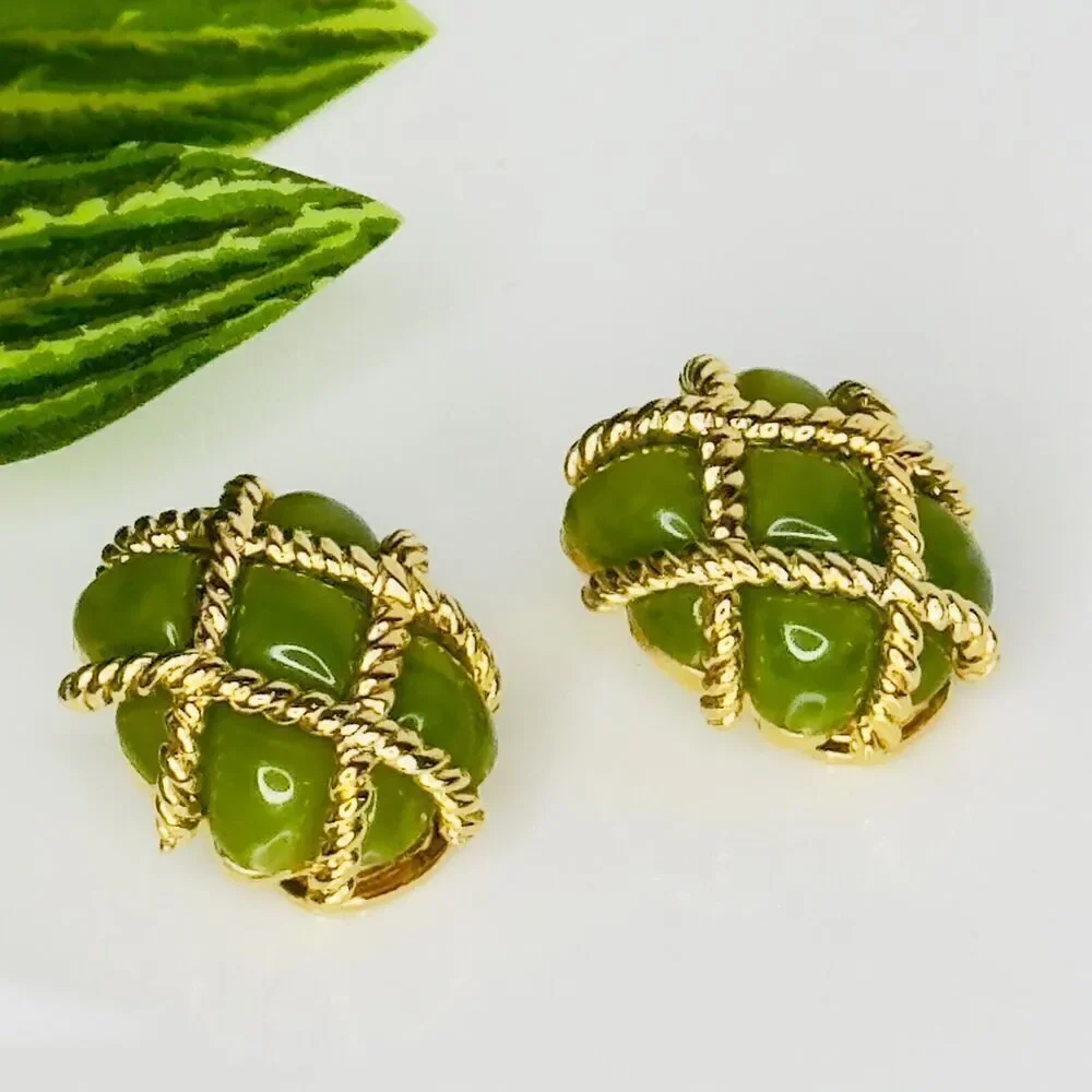 Vintage KJL Kenneth J Lane Earrings Gold Rope Quilted Green Lucite Clip On 1133 - Picture 3 of 15